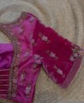Hand Embroidered Velvet Saree Blouse: Pink Zardosi Maggam Work