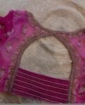 Hand Embroidered Velvet Saree Blouse: Pink Zardosi Maggam Work