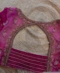 Hand Embroidered Velvet Saree Blouse: Pink Zardosi Maggam Work