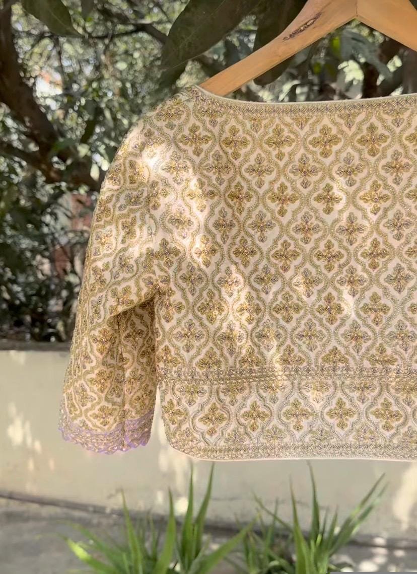 pure silk hand embroidery blouse/cream saree maggam blouse/raw silk zardosi blouse/hand embroidered blouse/cream ready made blouse zardosi