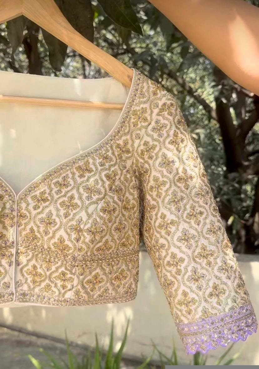 pure silk hand embroidery blouse/cream saree maggam blouse/raw silk zardosi blouse/hand embroidered blouse/cream ready made blouse zardosi