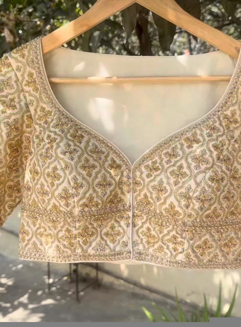 pure silk hand embroidery blouse/cream saree maggam blouse/raw silk zardosi blouse/hand embroidered blouse/cream ready made blouse zardosi