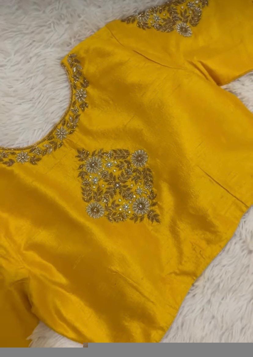 pure silk hand embroidery blouse / saree maggam yellow blouse /yellow blouse/ hand embroidered blouse / ready made blouse zardosi/voggish