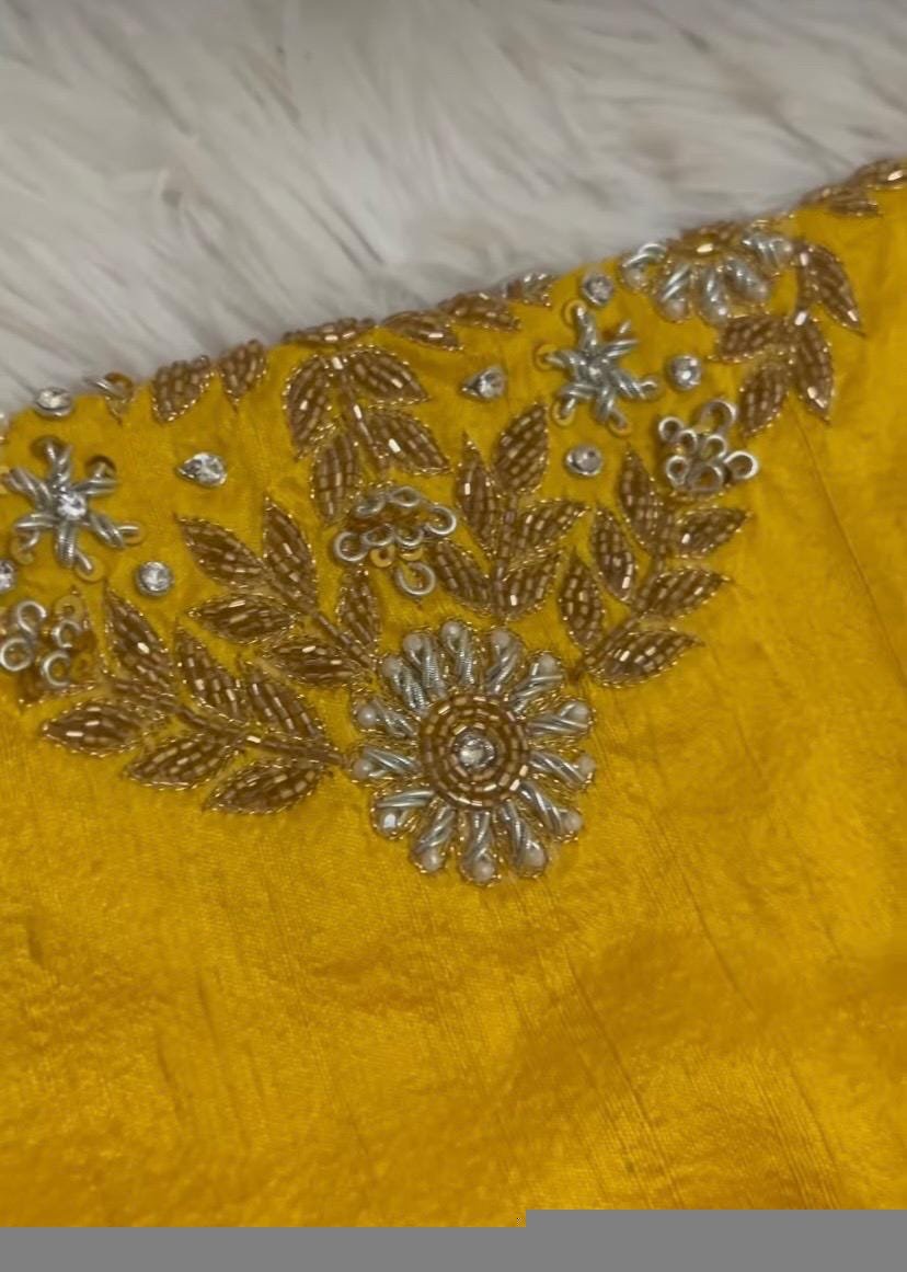 pure silk hand embroidery blouse / saree maggam yellow blouse /yellow blouse/ hand embroidered blouse / ready made blouse zardosi/voggish