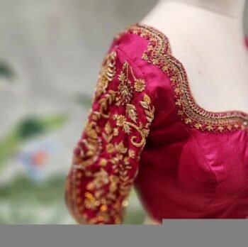 Hand Embroidered Pure Silk Blouse: Dark Pink Zardosi Maggam Work