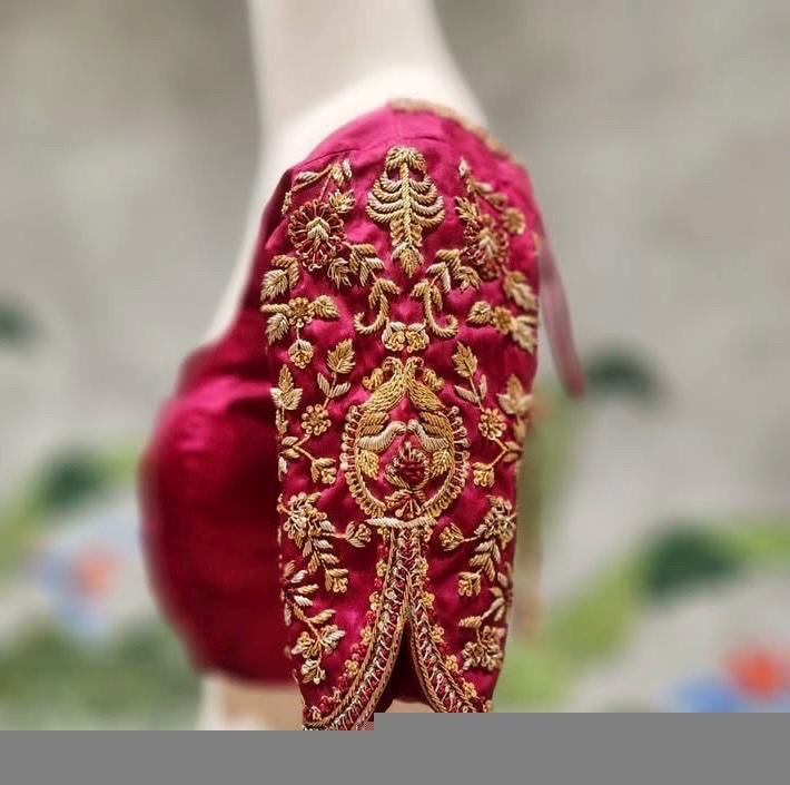 Hand Embroidered Pure Silk Blouse: Dark Pink Zardosi Maggam Work