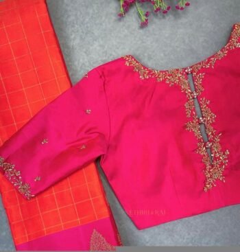 Hand Embroidered Zardosi Silk Blouse: Pink Maggam, Elbow Sleeve