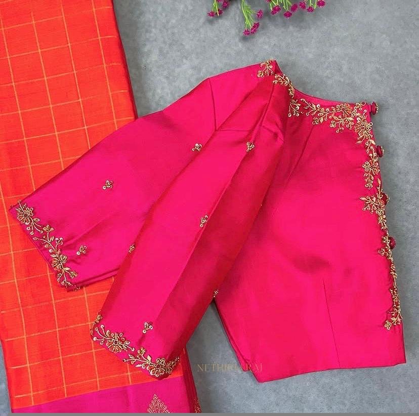Hand Embroidered Zardosi Silk Blouse: Pink Maggam, Elbow Sleeve