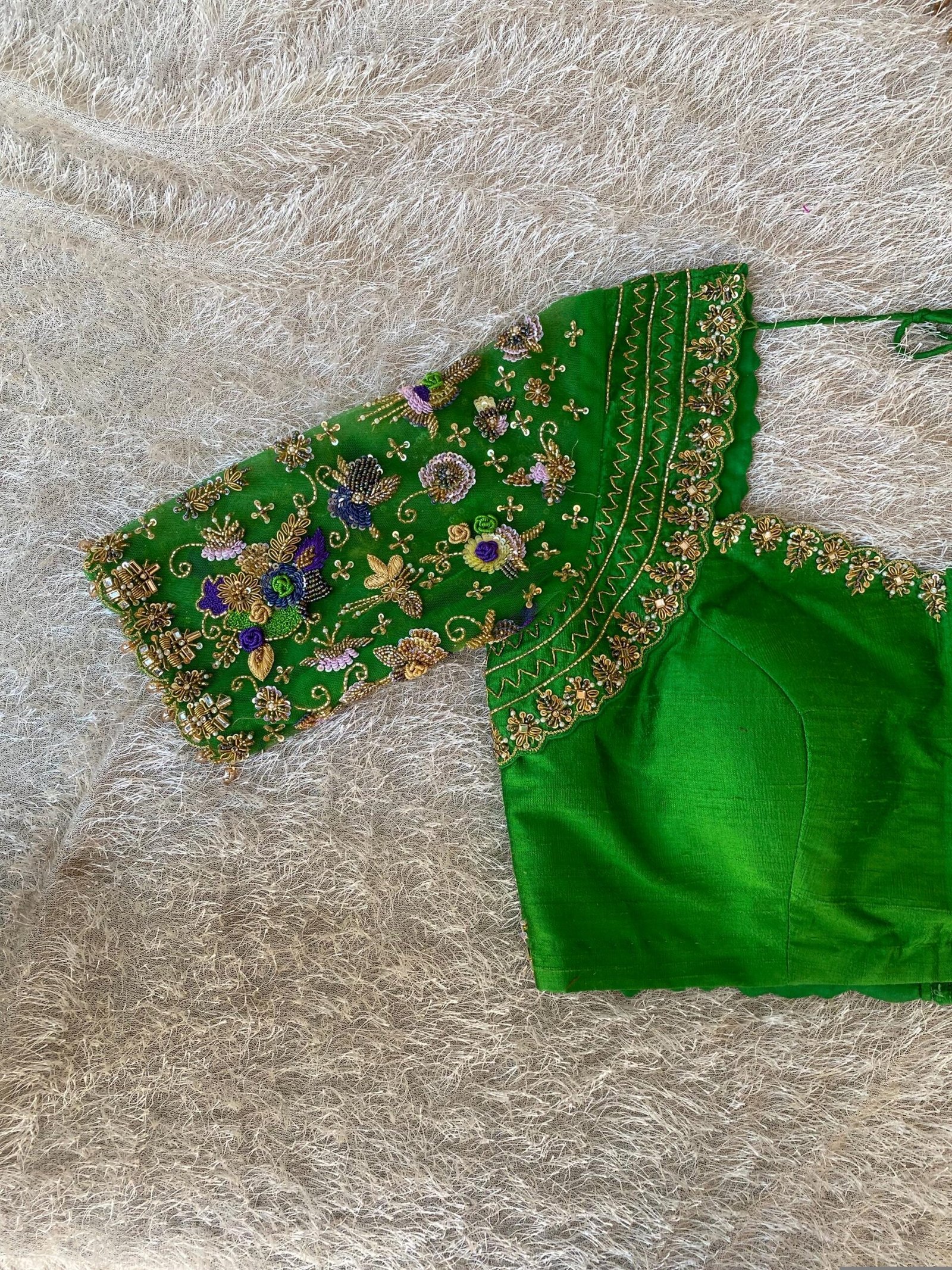 Hand Embroidered Raw Silk Blouse: Zardosi Parrot Green Saree Top