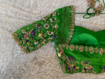 Hand Embroidered Raw Silk Blouse: Zardosi Parrot Green Saree Top