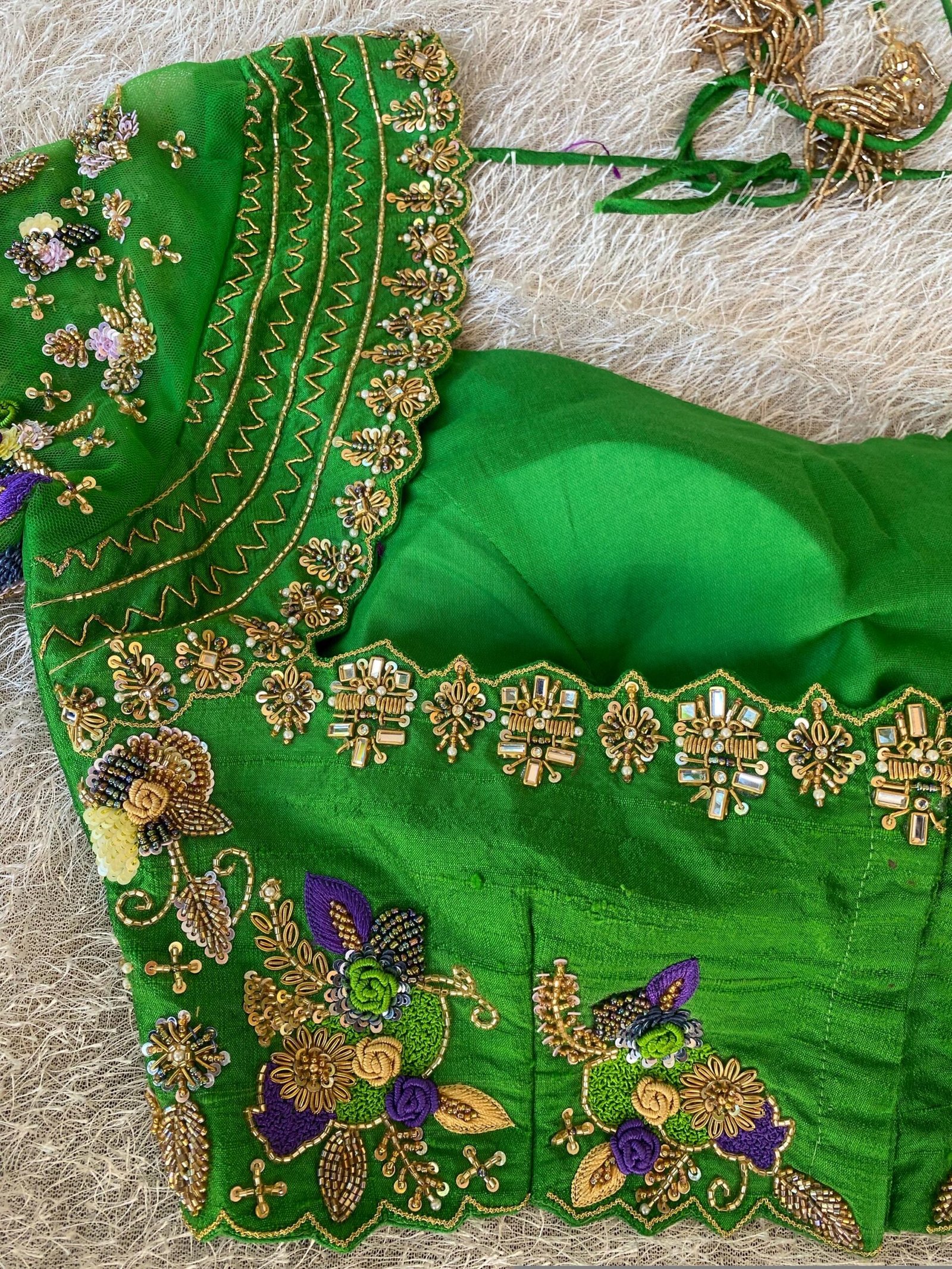 Hand Embroidered Raw Silk Blouse: Zardosi Parrot Green Saree Top