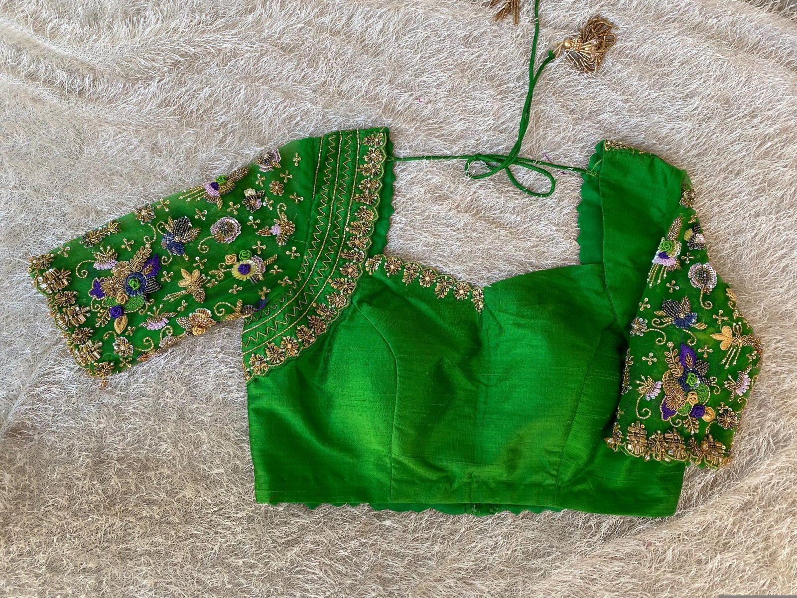 Hand Embroidered Raw Silk Blouse: Zardosi Parrot Green Saree Top