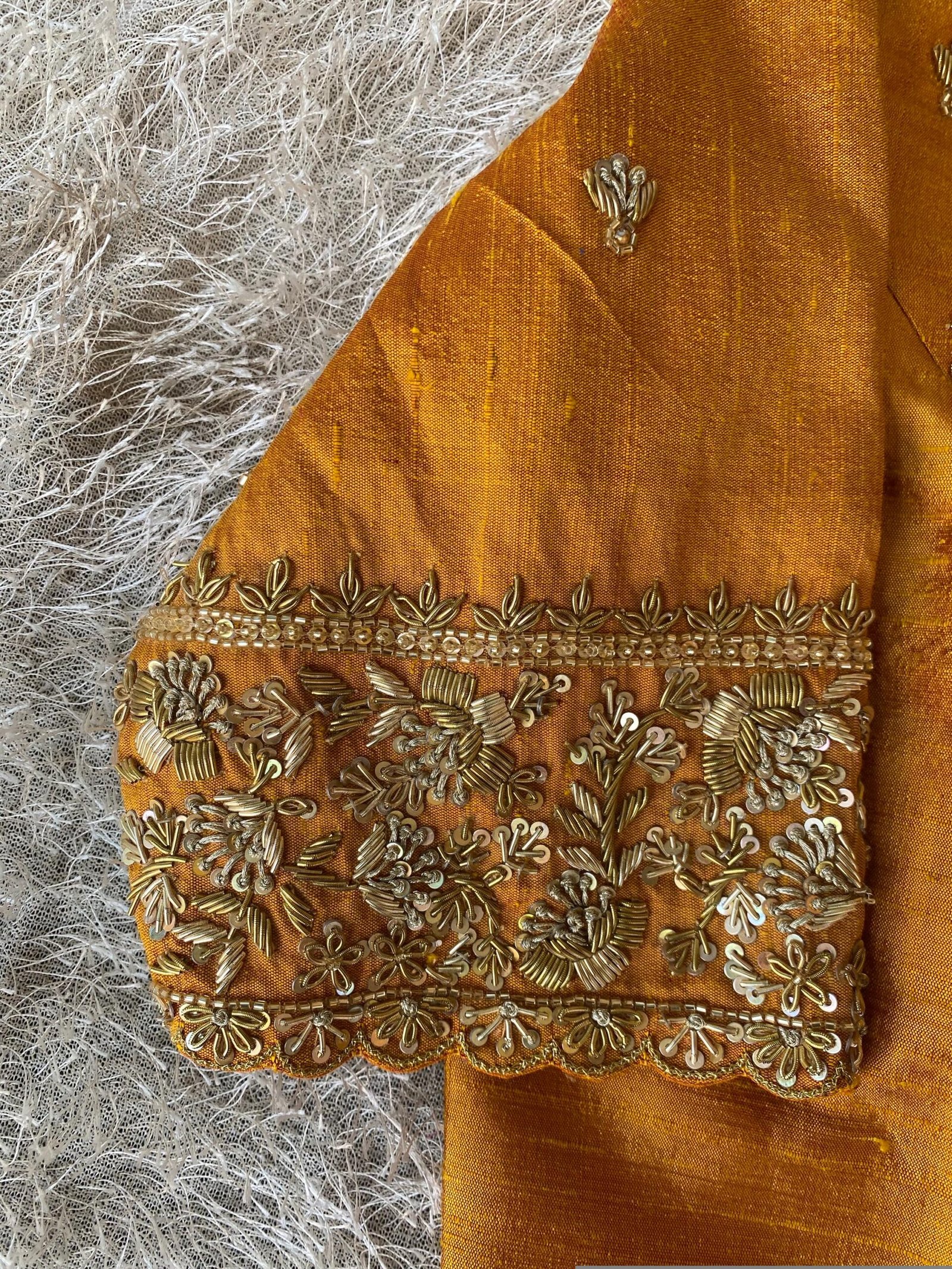 Hand Embroidered Silk Saree Blouse: Zardosi Maggam Work, Orange, USA