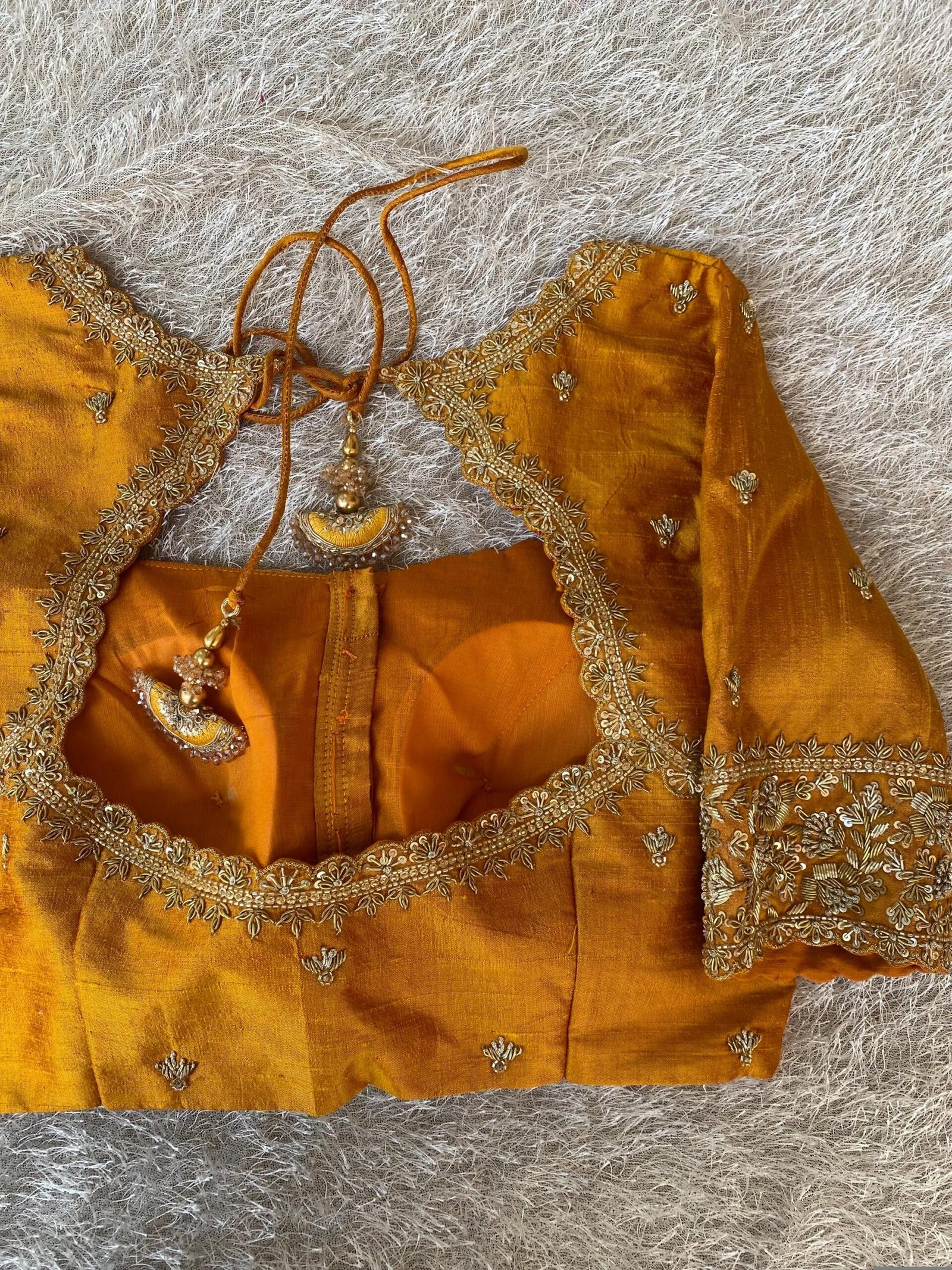 Hand Embroidered Silk Saree Blouse: Zardosi Maggam Work, Orange, USA