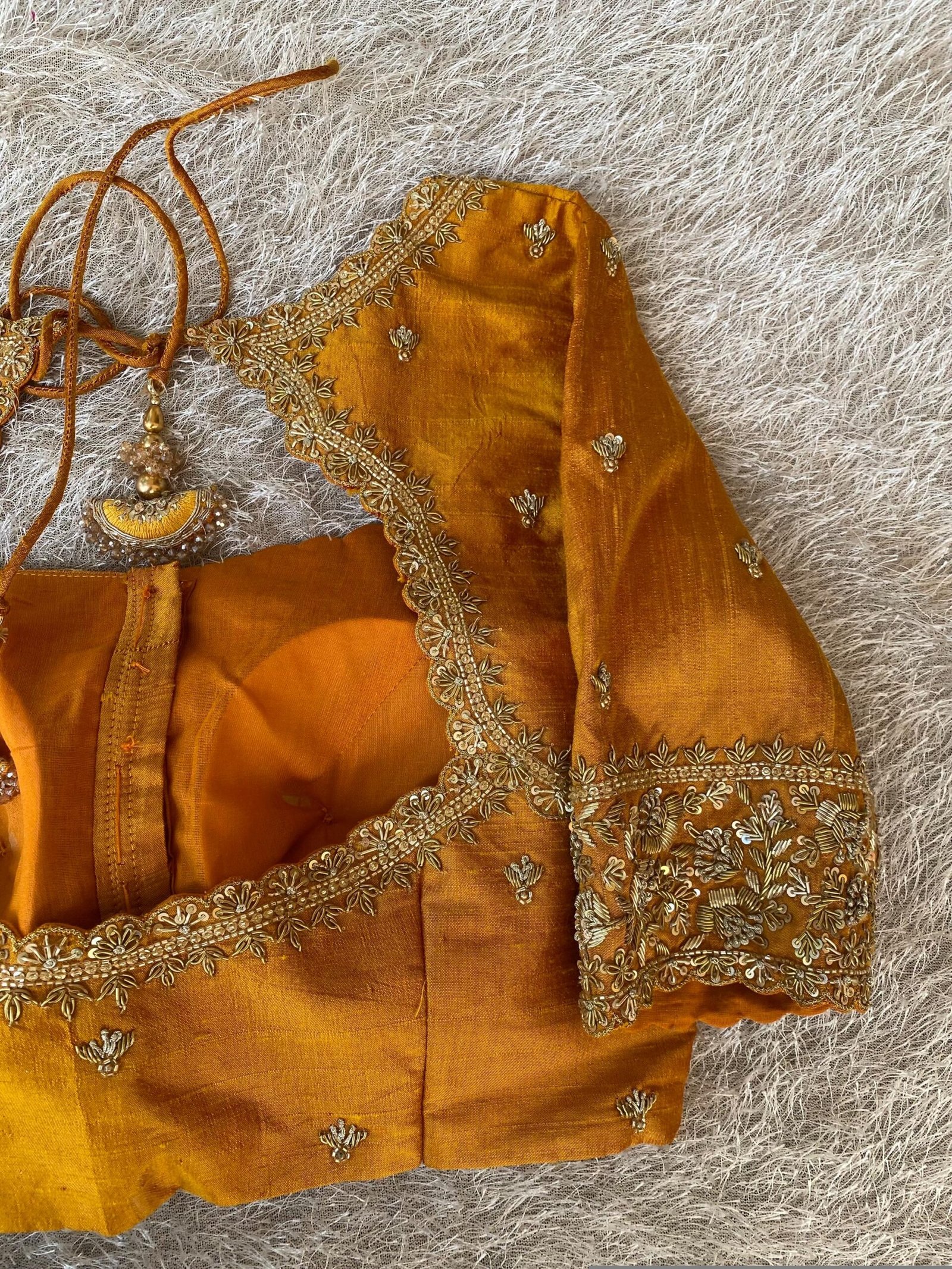 Hand Embroidered Silk Saree Blouse: Zardosi Maggam Work, Orange, USA