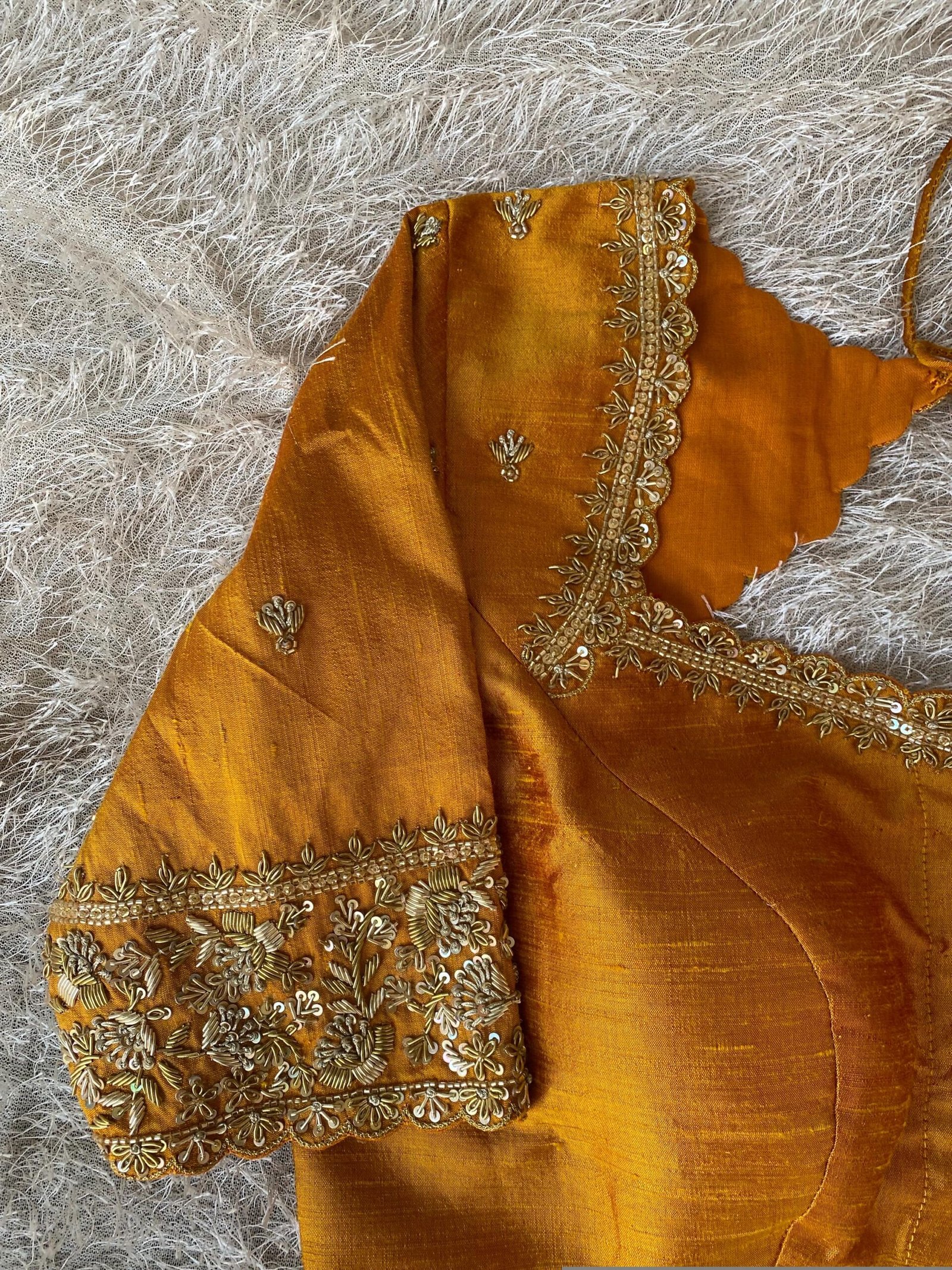 Hand Embroidered Silk Saree Blouse: Zardosi Maggam Work, Orange, USA