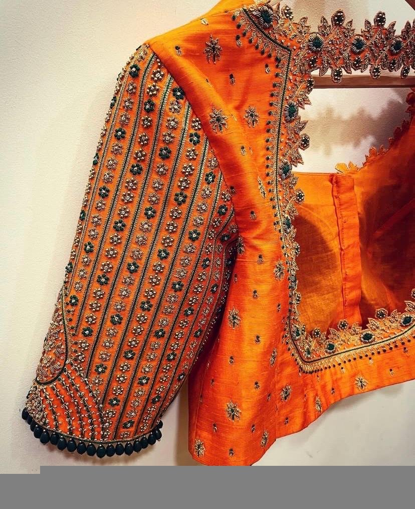 Orange Raw Silk Zardosi Blouse: Hand Embroidered Saree Top