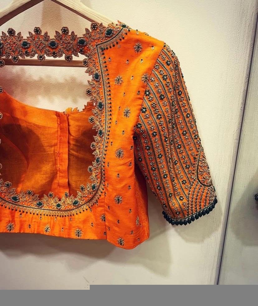 Orange Raw Silk Zardosi Blouse: Hand Embroidered Saree Top