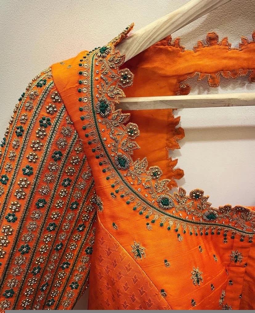 Orange Raw Silk Zardosi Blouse: Hand Embroidered Saree Top