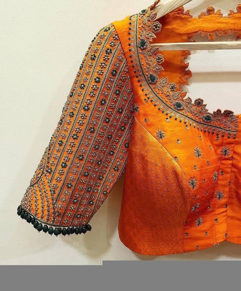 Orange Raw Silk Zardosi Blouse: Hand Embroidered Saree Top