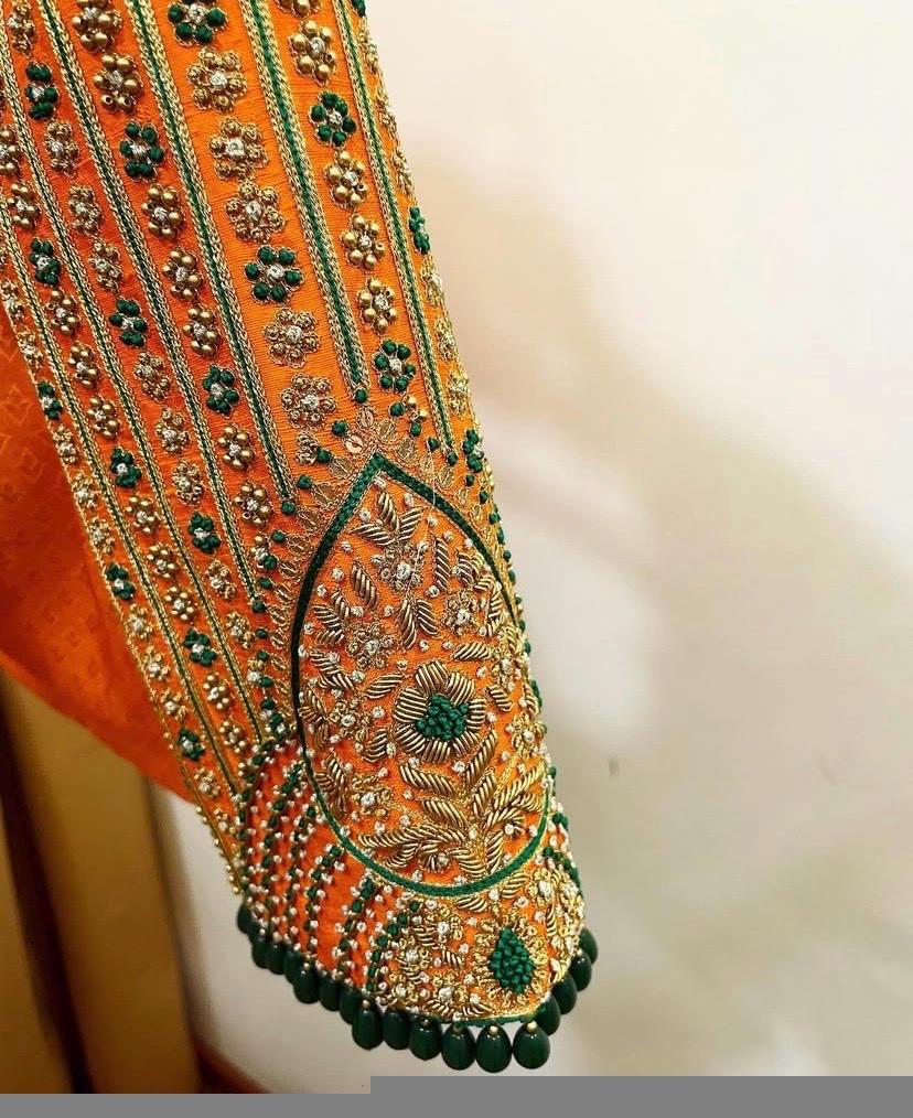Orange Raw Silk Zardosi Blouse: Hand Embroidered Saree Top