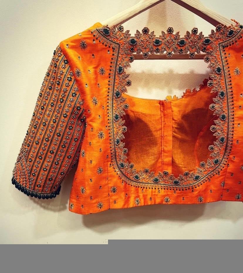 Orange Raw Silk Zardosi Blouse: Hand Embroidered Saree Top