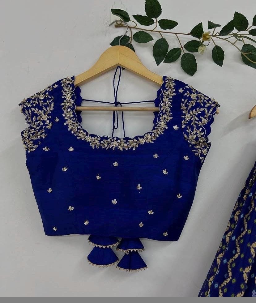Hand Embroidered Silk Blouse: Royal Blue Zardosi Sari Top