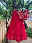 Red Lehenga Set: Embroidered Crop Top, Chinnon Silk Skirt