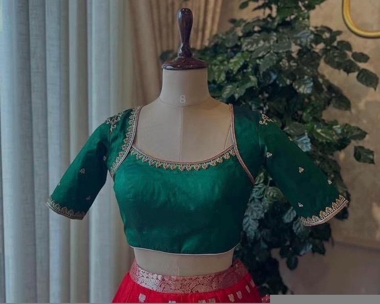 Bottle green silk hand embroidery blouse/saree maggam green blouse/red saree blouse/green hand embroidered blouse /ready made blouse zardosi