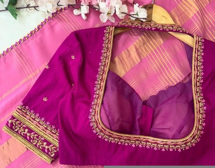 Hand Embroidered Silk Zardosi Blouse: Magenta Pink Maggam Work, pink hand work blouse , pink saree blouse, zardosi blouses , mix and match