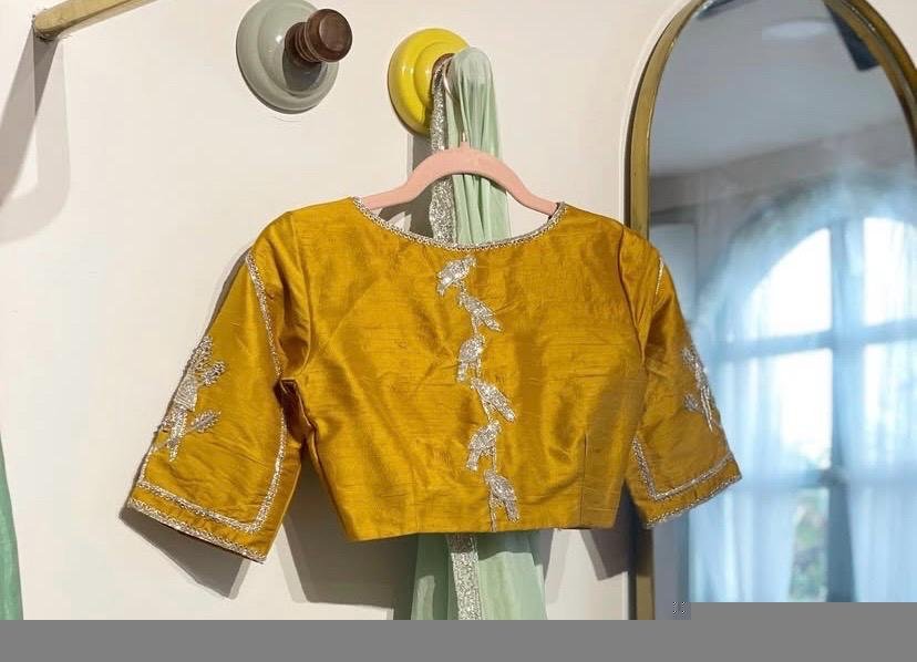 Hand Embroidered Zardosi Silk Blouse: Mustard Yellow Saree Top,handwork saree blouse , pure silk hand work blouse, mix and match blouses usa