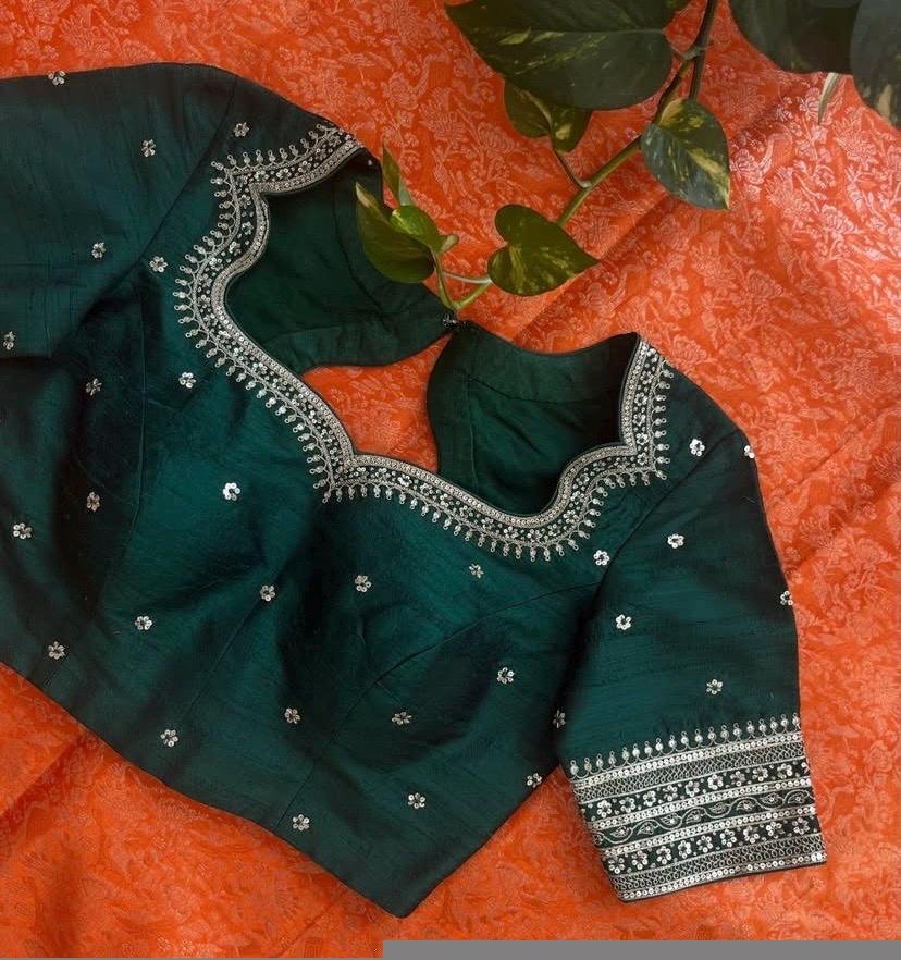 Bottle green silk hand embroidery blouse/saree maggam green blouse/red saree blouse/green hand embroidered blouse /ready made blouse zardosi