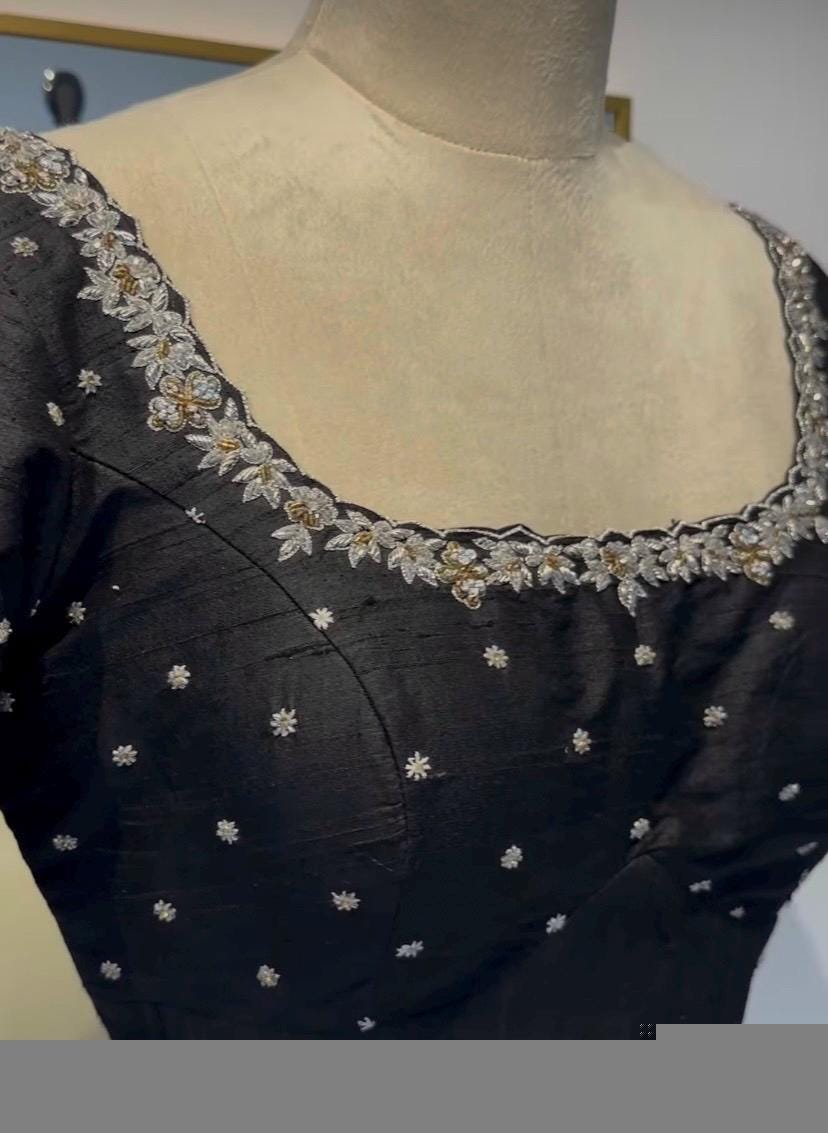 Black Handwork Saree Blouse: Hand Embroidered Zardosi Maggam Work, black hand embroidery blouse/black ready made blouse /size 42 blouse usa