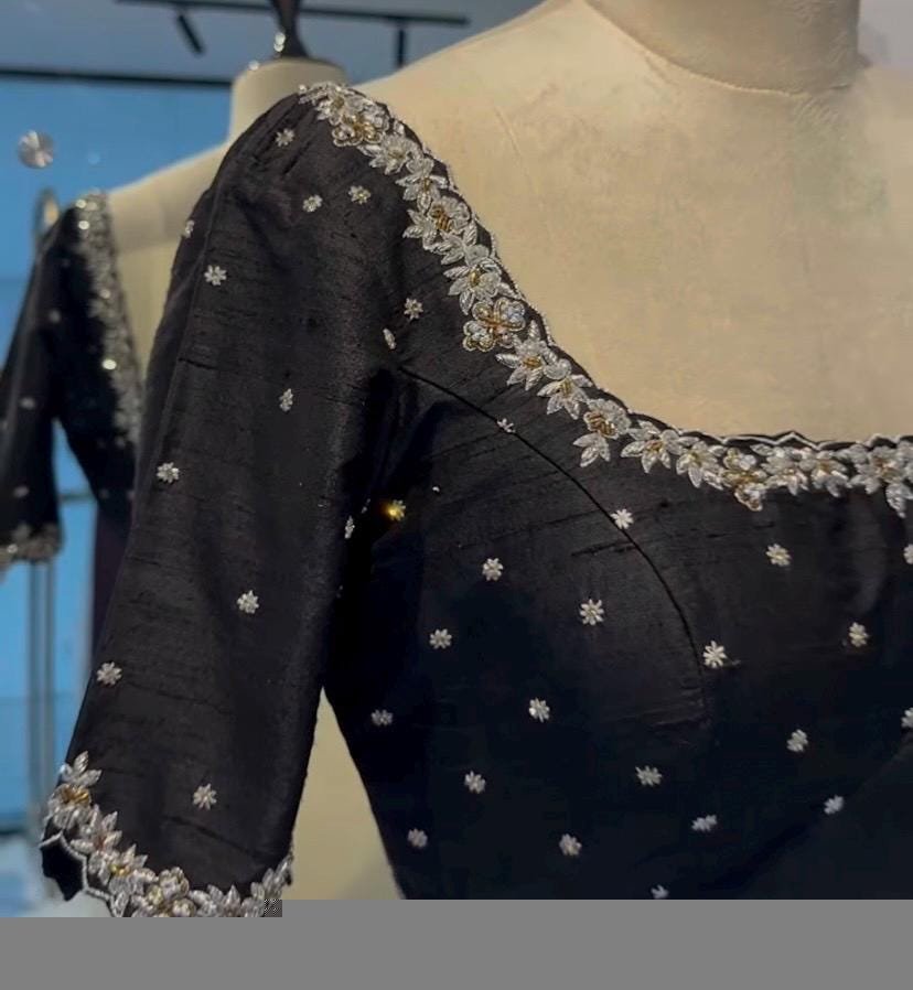Black Handwork Saree Blouse: Hand Embroidered Zardosi Maggam Work, black hand embroidery blouse/black ready made blouse /size 42 blouse usa