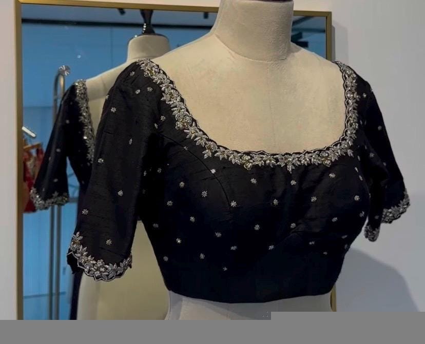 Black Handwork Saree Blouse: Hand Embroidered Zardosi Maggam Work, black hand embroidery blouse/black ready made blouse /size 42 blouse usa