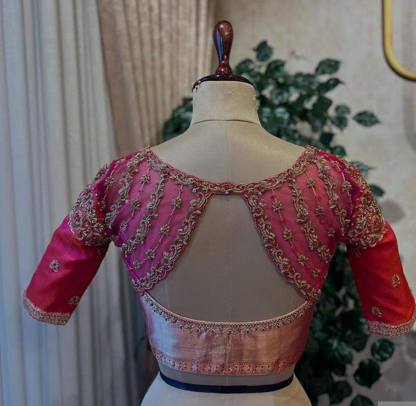 Hand Embroidered Zardosi Silk Blouse: Pink Maggam Work, Size 42, pink saree blouse , handwork blouses, plus size blouses,handmade blouse usa