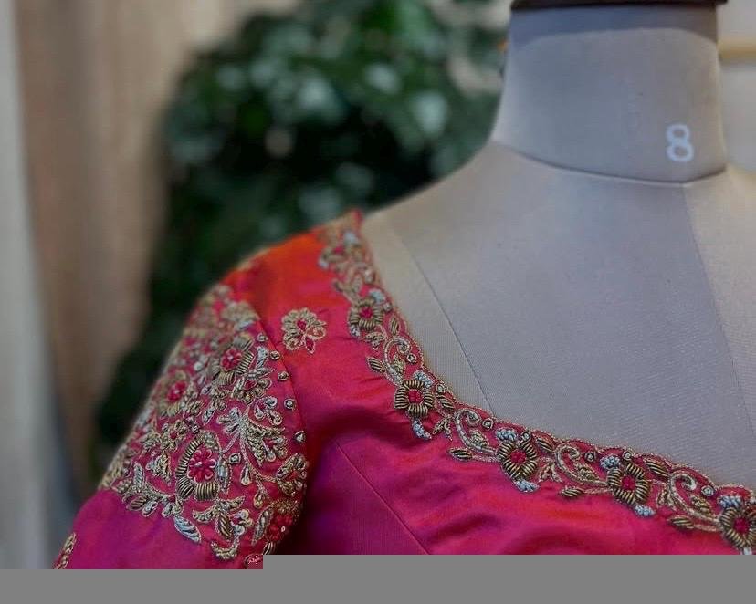 Hand Embroidered Zardosi Silk Blouse: Pink Maggam Work, Size 42, pink saree blouse , handwork blouses, plus size blouses,handmade blouse usa