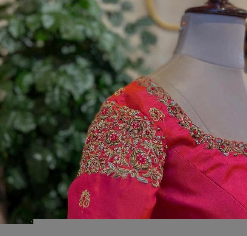 Hand Embroidered Zardosi Silk Blouse: Pink Maggam Work, Size 42, pink saree blouse , handwork blouses, plus size blouses,handmade blouse usa