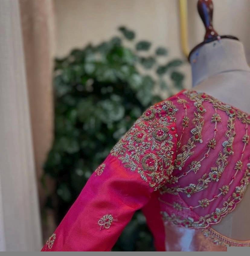 Hand Embroidered Zardosi Silk Blouse: Pink Maggam Work, Size 42, pink saree blouse , handwork blouses, plus size blouses,handmade blouse usa