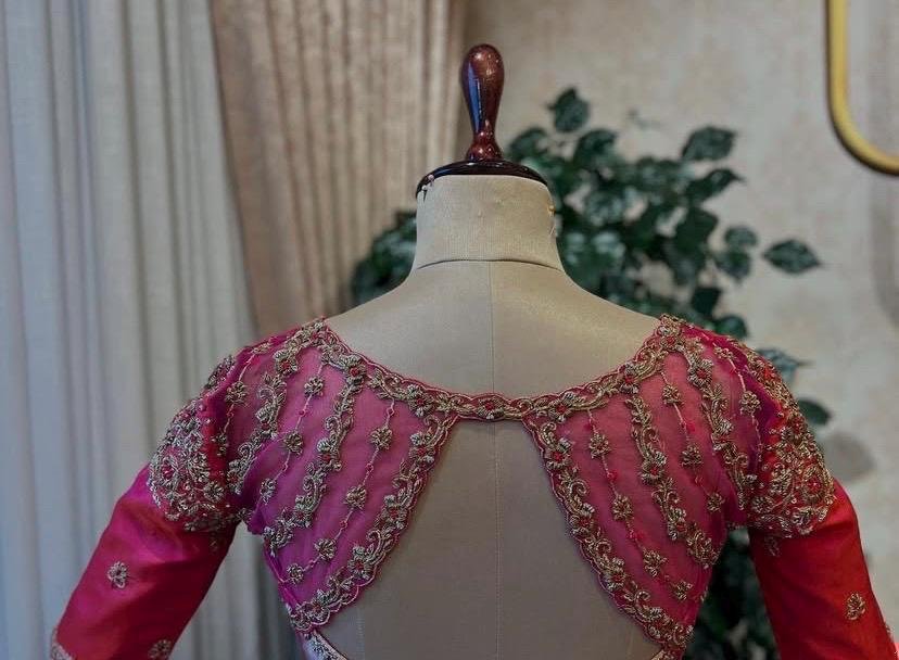 Hand Embroidered Zardosi Silk Blouse: Pink Maggam Work, Size 42, pink saree blouse , handwork blouses, plus size blouses,handmade blouse usa