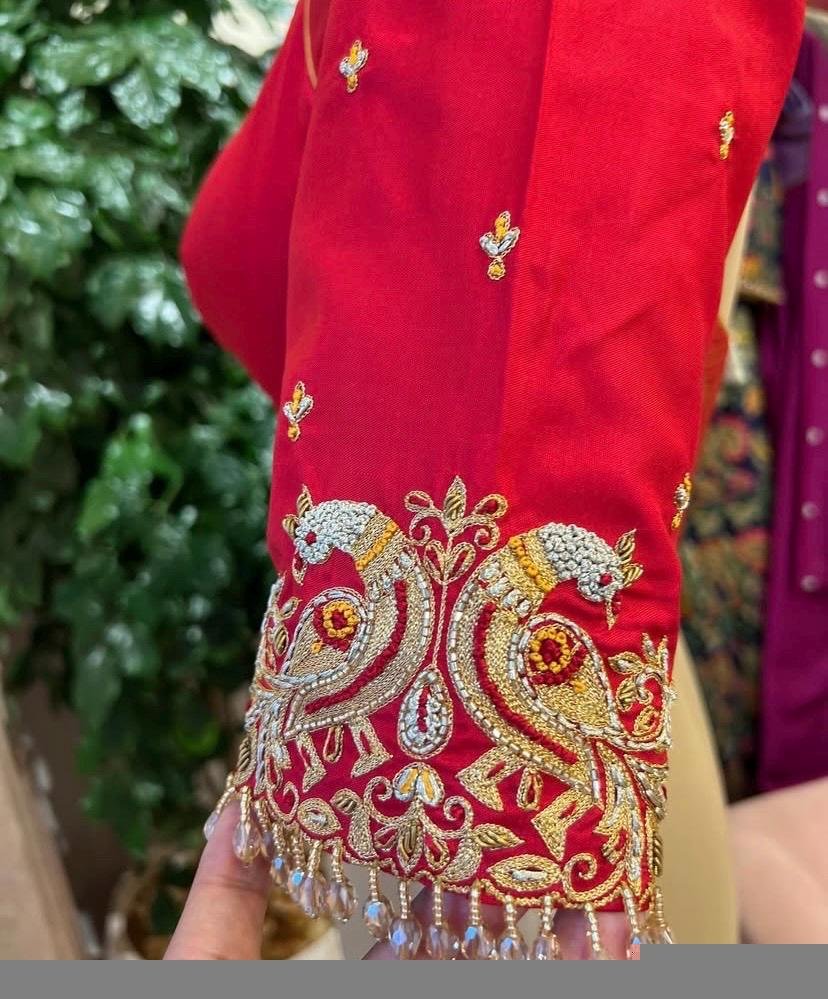 Hand Embroidered Red Silk Blouse: Zardosi Maggam Work, Elbow Sleeves