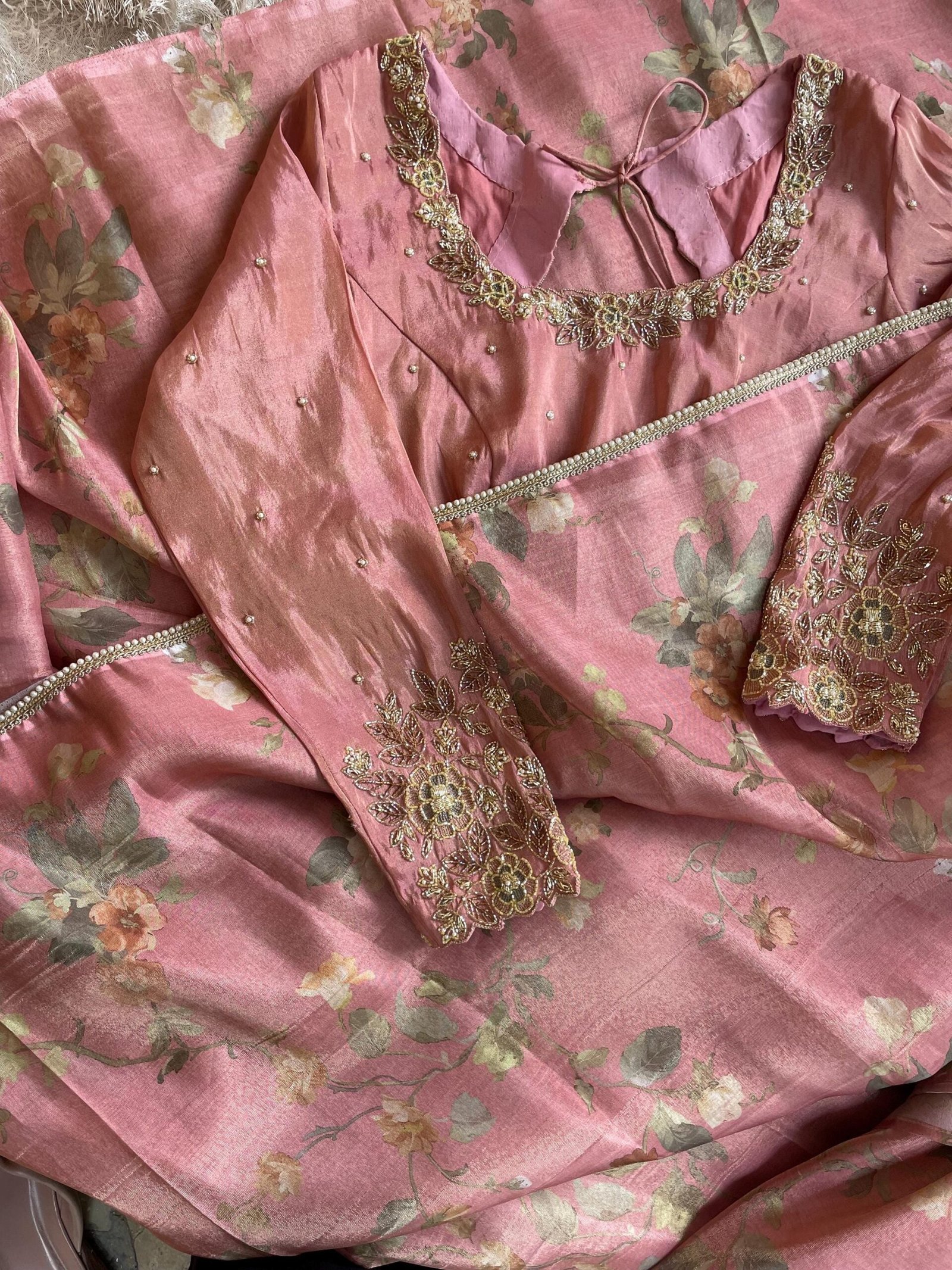 Pink tissue silk saree with hand embroidered blouse/pink saree with pink hand work blouse|floral sarees /pink floral silk saree with blouse