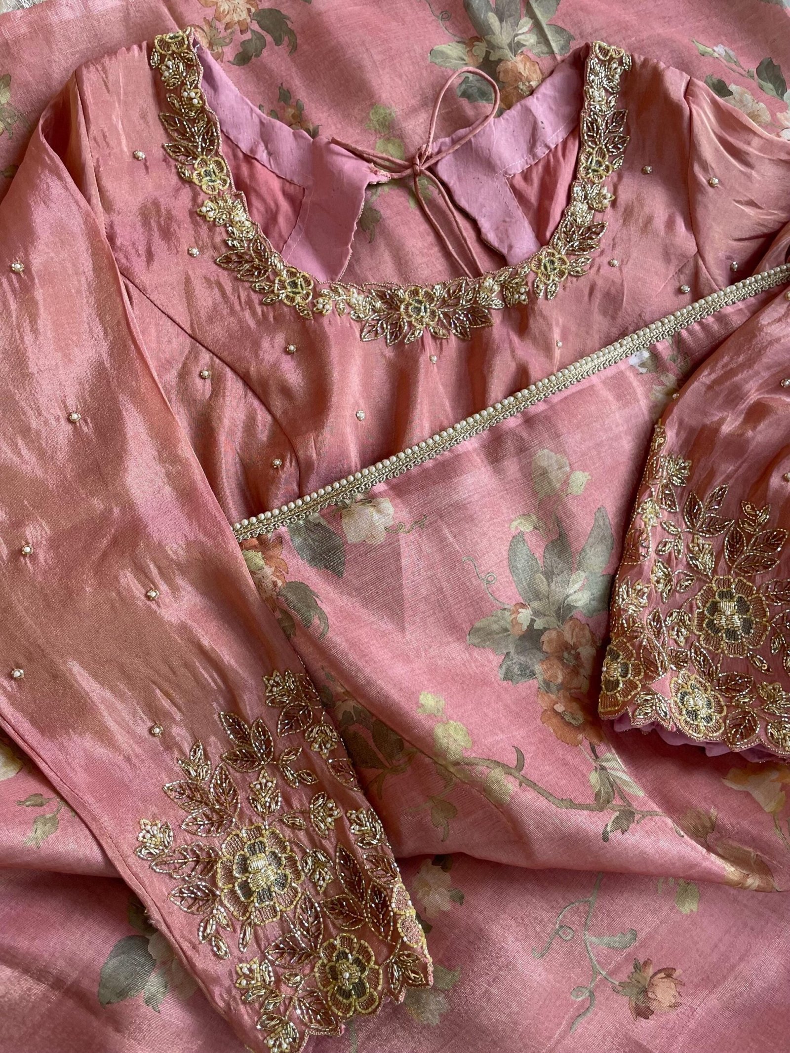 Pink tissue silk saree with hand embroidered blouse/pink saree with pink hand work blouse|floral sarees /pink floral silk saree with blouse