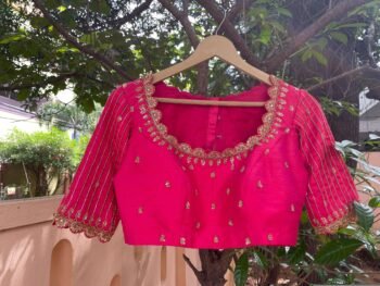 Hand Embroidered Zardosi Silk Blouse:  Pink Maggam Work,hand work blouse, 42 size blouse, pink mix and match blouse, pink saree blouse