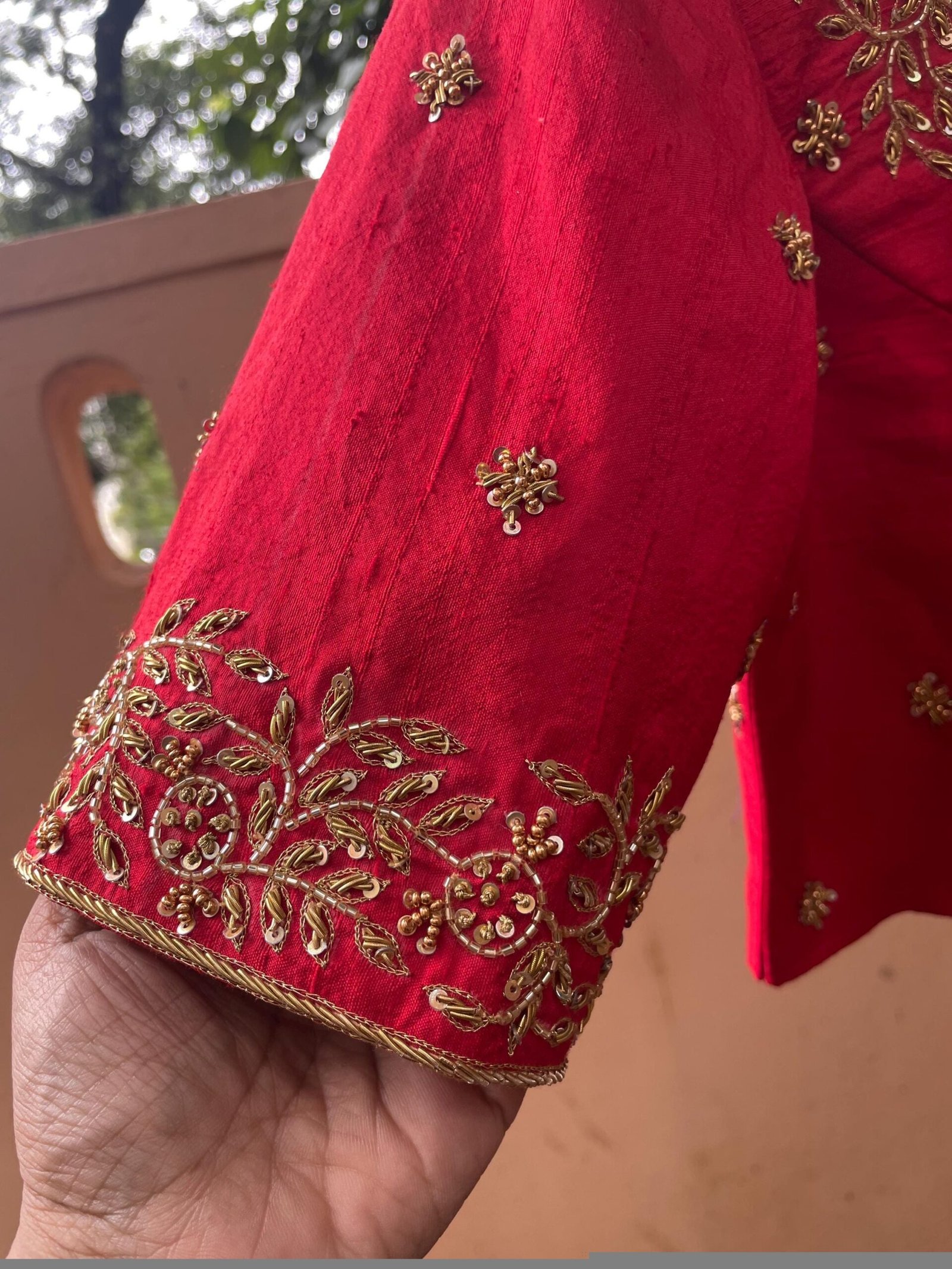 Hand Embroidered Red Silk Blouse: Zardosi Maggam Work, Elbow Sleeves,red saree blouse,red Maggam blouse,mix and match blouse,plus size blous