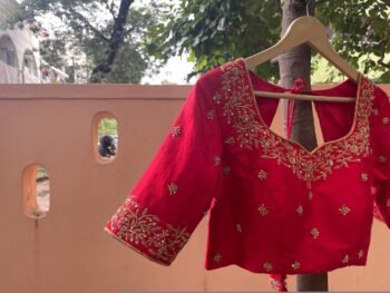 Hand Embroidered Red Silk Blouse: Zardosi Maggam Work, Elbow Sleeves,red saree blouse,red Maggam blouse,mix and match blouse,plus size blous