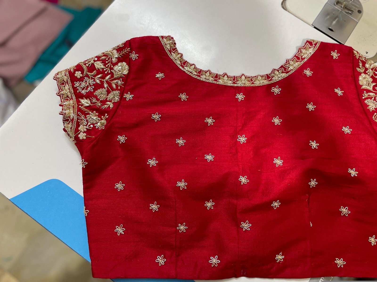 pure silk hand embroidery blouse/short sleeve maggam blouse/raw silk zardosi blouse/hand embroidered blouse/red ready made blouse zardosi