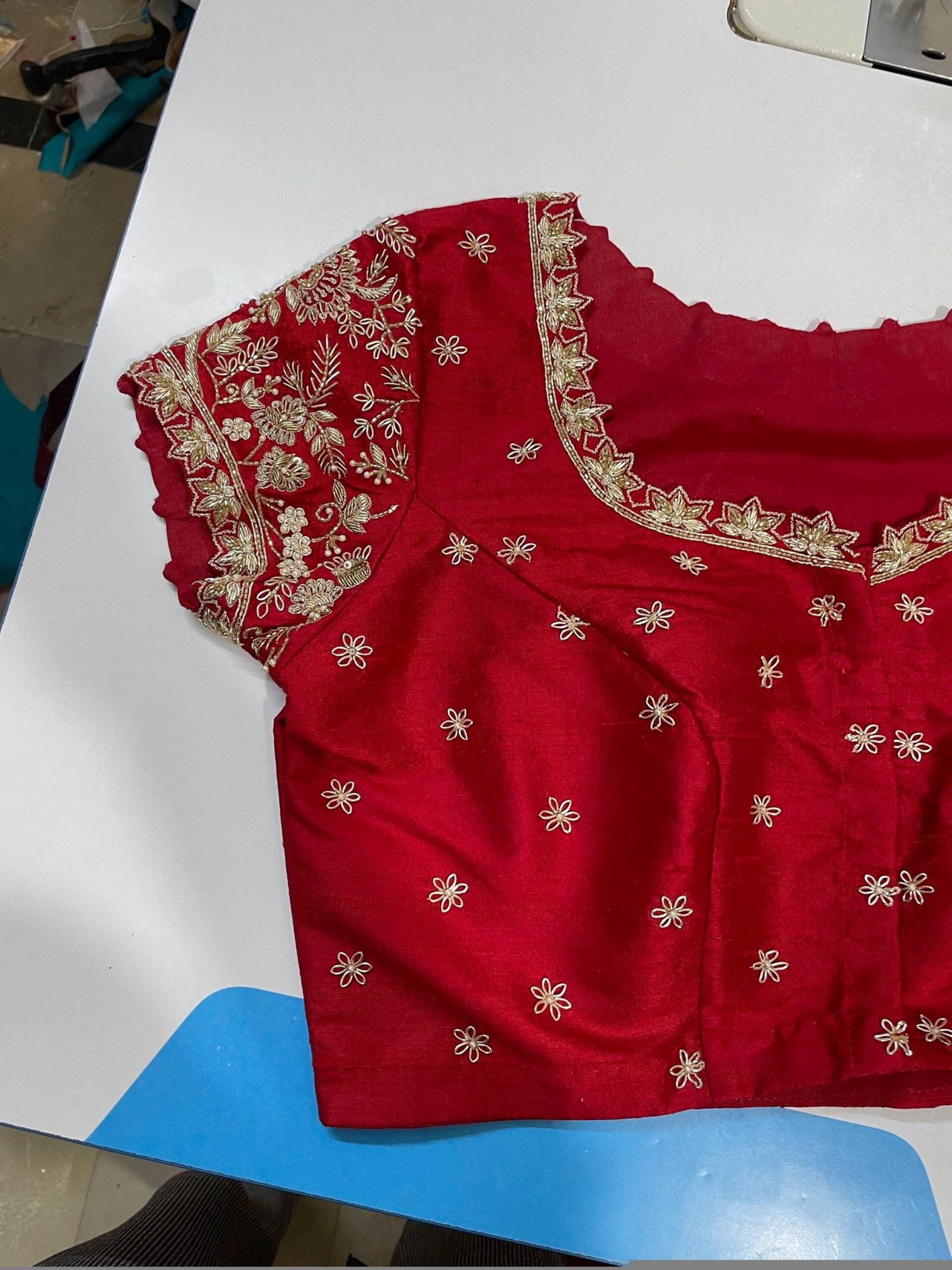 pure silk hand embroidery blouse/short sleeve maggam blouse/raw silk zardosi blouse/hand embroidered blouse/red ready made blouse zardosi
