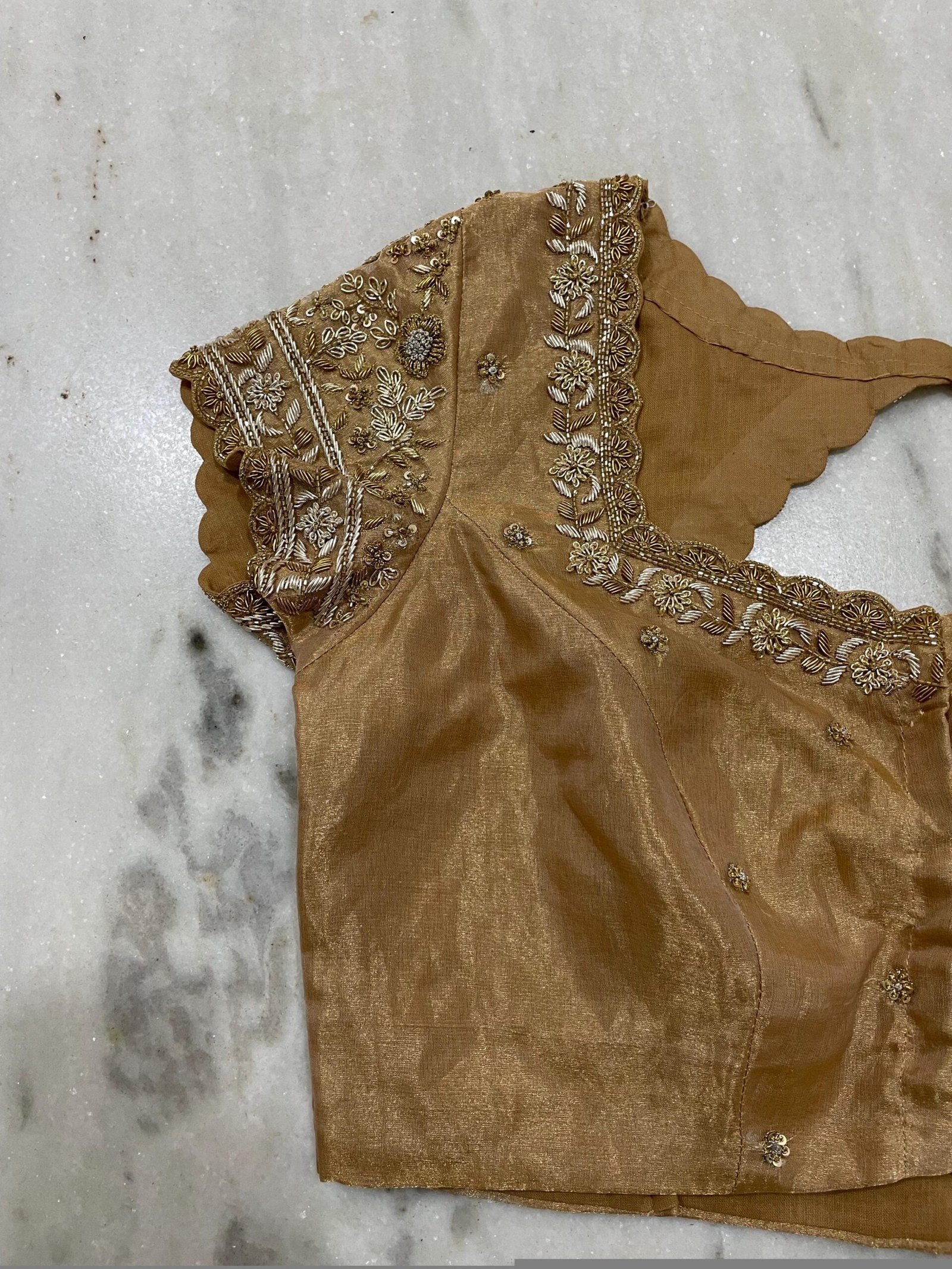 Hand Embroidered Zardosi Silk Blouse: Light Gold Maggam Work,tissue gold blouse,mix and match blouses,42 size blouses,plus size blouses USA