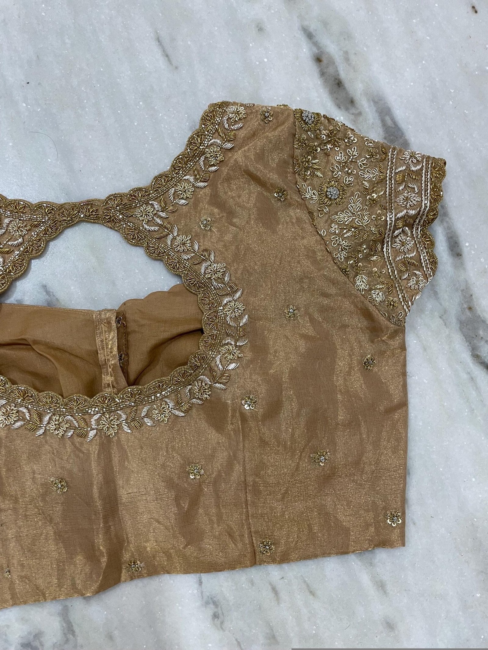 Hand Embroidered Zardosi Silk Blouse: Light Gold Maggam Work,tissue gold blouse,mix and match blouses,42 size blouses,plus size blouses USA